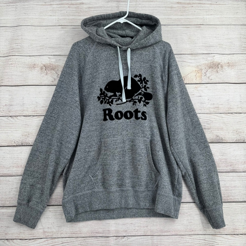 Roots Hoodie Mens XL Gray Salt and Pepper Beaver Logo Raglan Pullover
